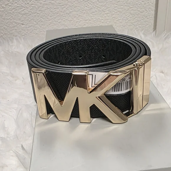 Michael Kors Black Leather Belt with Gold MK Buckle - Picture 5 of 5